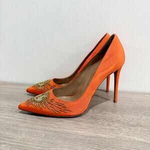 Aquazzura Moire Satin Sunlight Embellished Pointed Toe Pumps Orange Womens EU 40